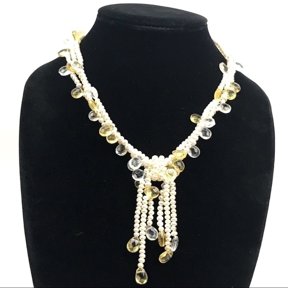 Freshwater Pearl & Pear Shaped Facet Crystal Bow Waterfall Runway Necklace - Picture 1 of 8